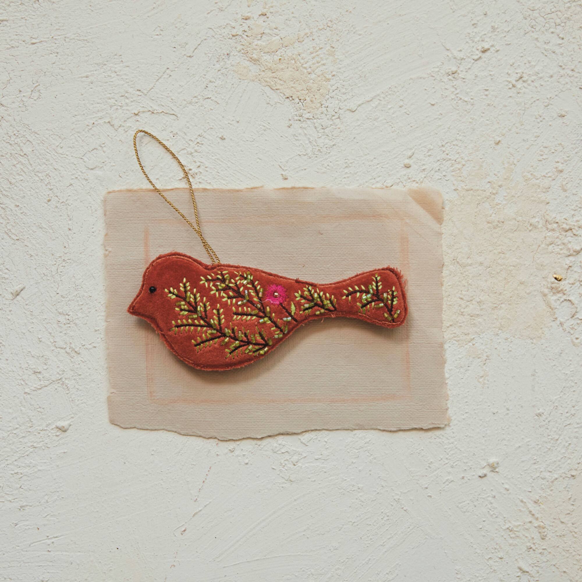 Hello Honey® 5.5" Orange Embroidered Bird Cotton Velvet Bird Ornament